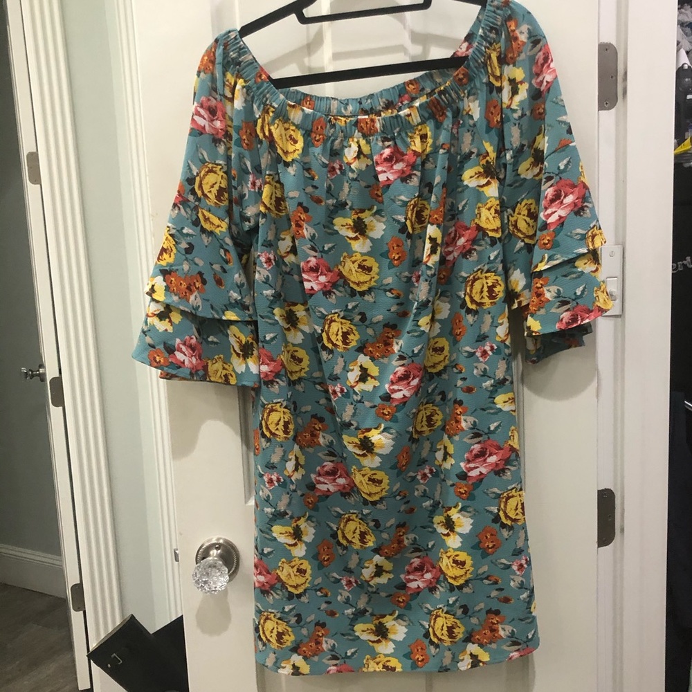 XHILARATION BLUE FLORAL OFF THE SHOULDER DRESS